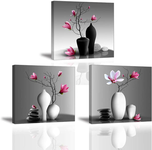 Tableaux modernes fleurs || peinture sur toile vase de fleurs || 3 panneaux 30x30cm