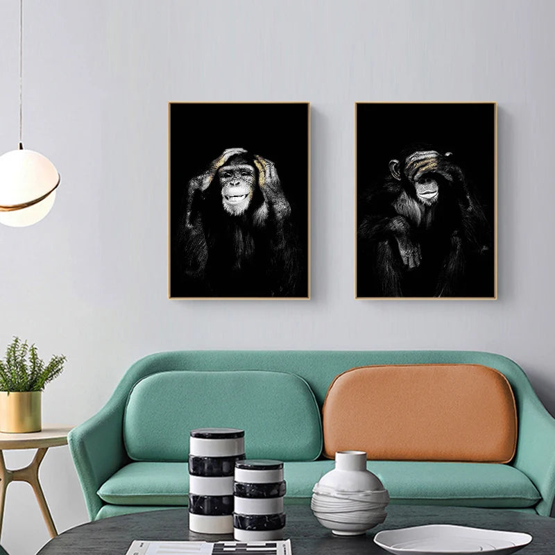 DDHH Big Size Poster Canvas Painting Animal Wall Art Dark 3 Funny Monkey Poster And Print For Living Room Home Decor No Frame