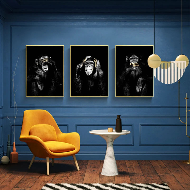 DDHH Big Size Poster Canvas Painting Animal Wall Art Dark 3 Funny Monkey Poster And Print For Living Room Home Decor No Frame