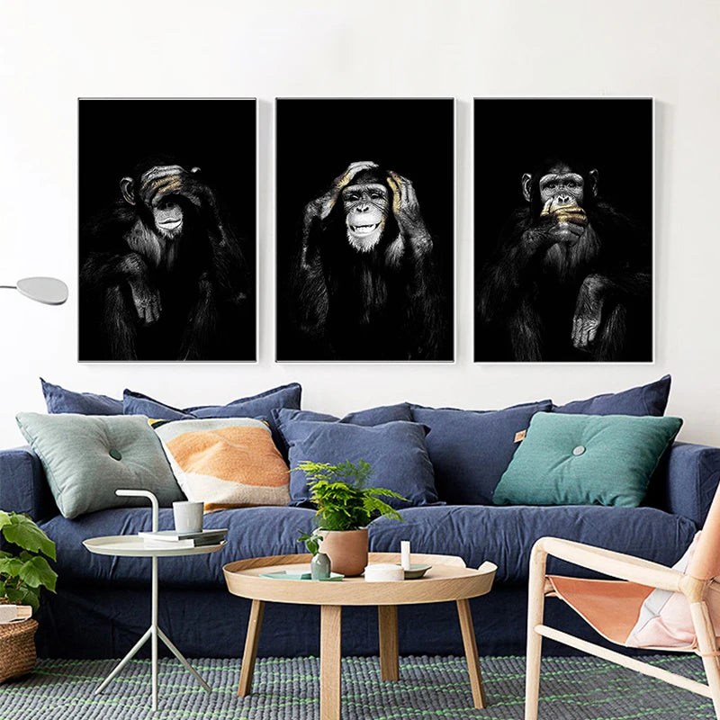 DDHH Big Size Poster Canvas Painting Animal Wall Art Dark 3 Funny Monkey Poster And Print For Living Room Home Decor No Frame