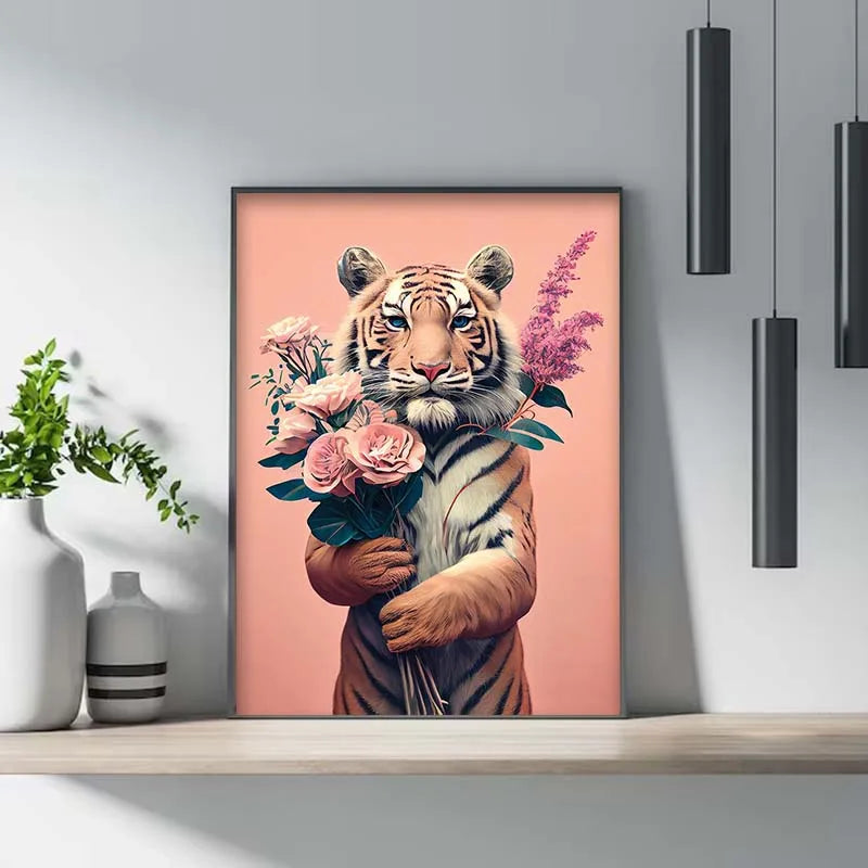 Funny Alpaca Posters Tiger Bouquet Prints Animal Fashion Canvas Painting Nordic Wall Picture for Living Room Home Decor Cuadro