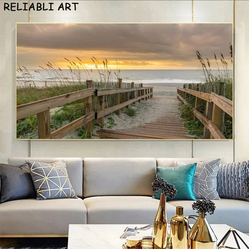 Sea Sunset & Wooden Bridge Landscape Canvas - Modern Wall Art Poster for Living Room Decor, Unframed