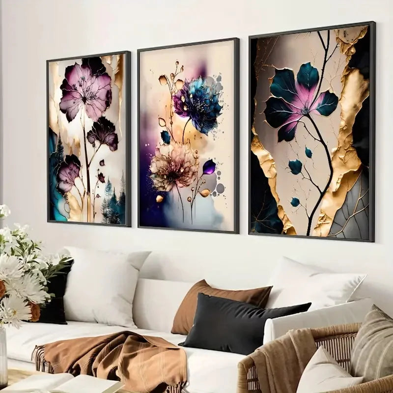 3pcs Posters Dreamy Flowers Purple Cyan Gold Canvas Poster Modern Art Ideal Gift for Bedroom Living Room Corridor Wall Decor