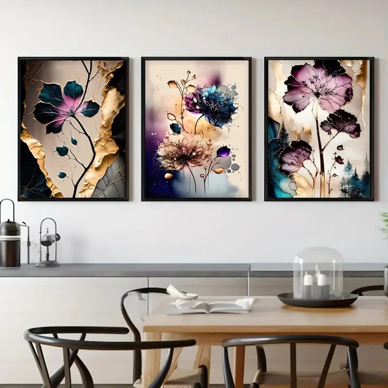 3pcs Posters Dreamy Flowers Purple Cyan Gold Canvas Poster Modern Art Ideal Gift for Bedroom Living Room Corridor Wall Decor