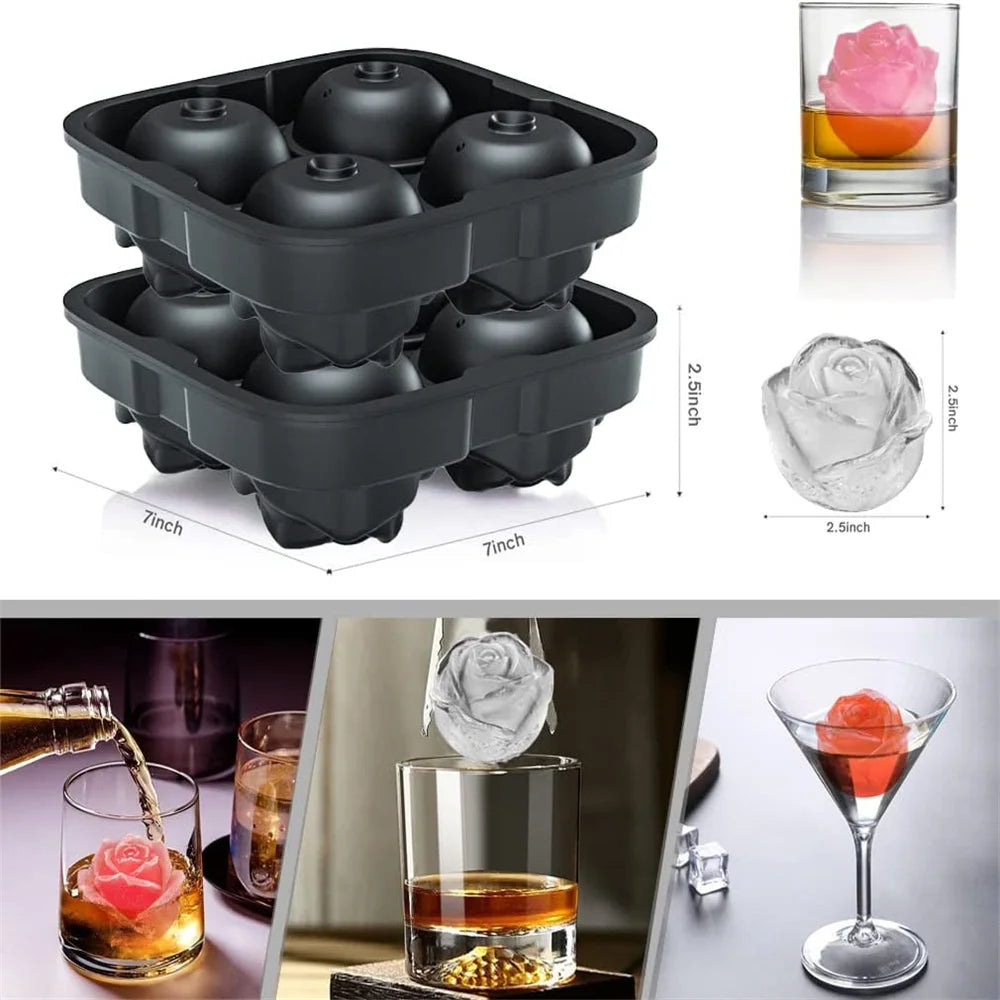 Stampi in silicone || stampi per cubetti di ghiaccio a forma di rosa, 4 fori per cubetti di ghiaccio, per cocktail, borbon, succhi di frutta Silicone Diamond ||  Silicone Ice Cube per Whiskey Cocktails Iced Tea Bloom Rose Mold