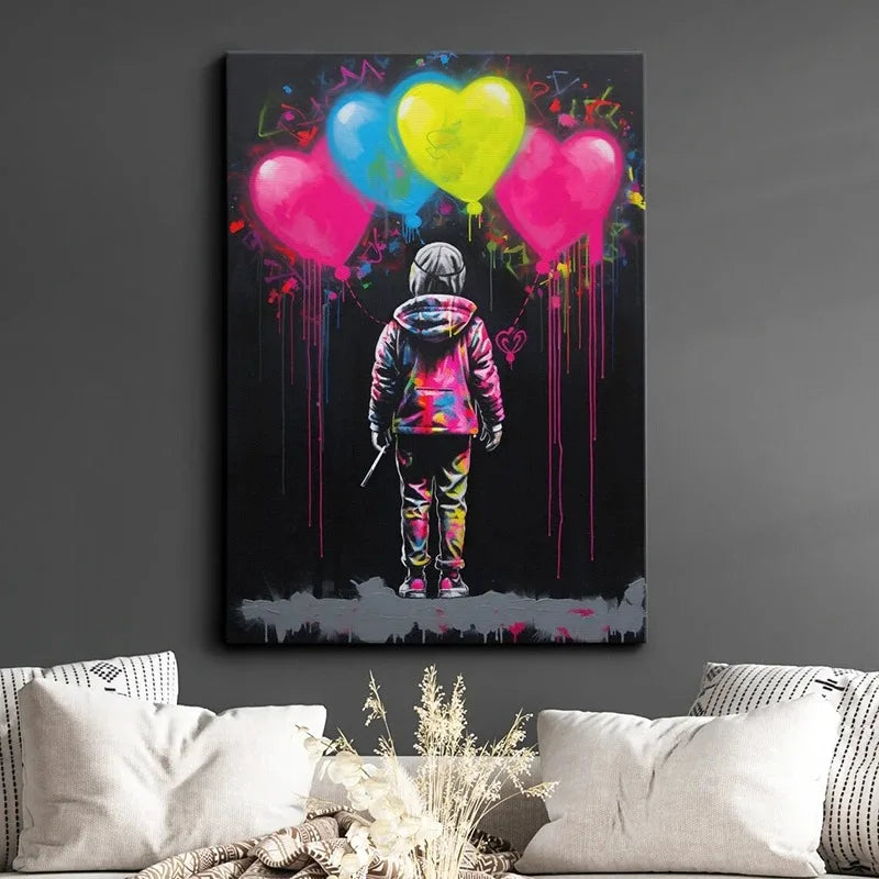 Banksy Modern Abstract Canvas Painting Print Graffiti Heart Wall Art Poster and Picture for Home Office Room Decor Unframed