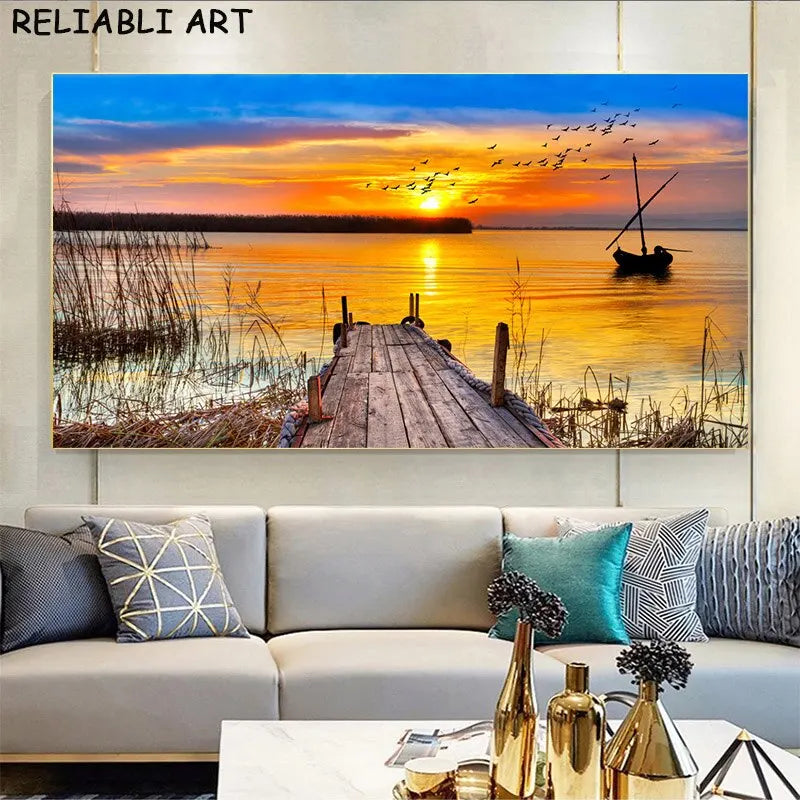 Sea Sunset & Wooden Bridge Landscape Canvas - Modern Wall Art Poster for Living Room Decor, Unframed