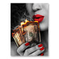 Sexy Red Lips Women Burning Money Cash Posters and Prints Canvas Paintings Fashion Girl Portrait Wall Art Picture Bar Home Decor