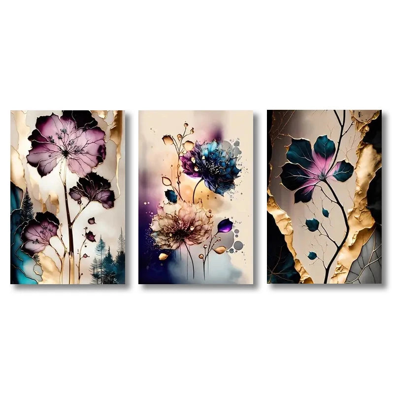 3pcs Posters Dreamy Flowers Purple Cyan Gold Canvas Poster Modern Art Ideal Gift for Bedroom Living Room Corridor Wall Decor