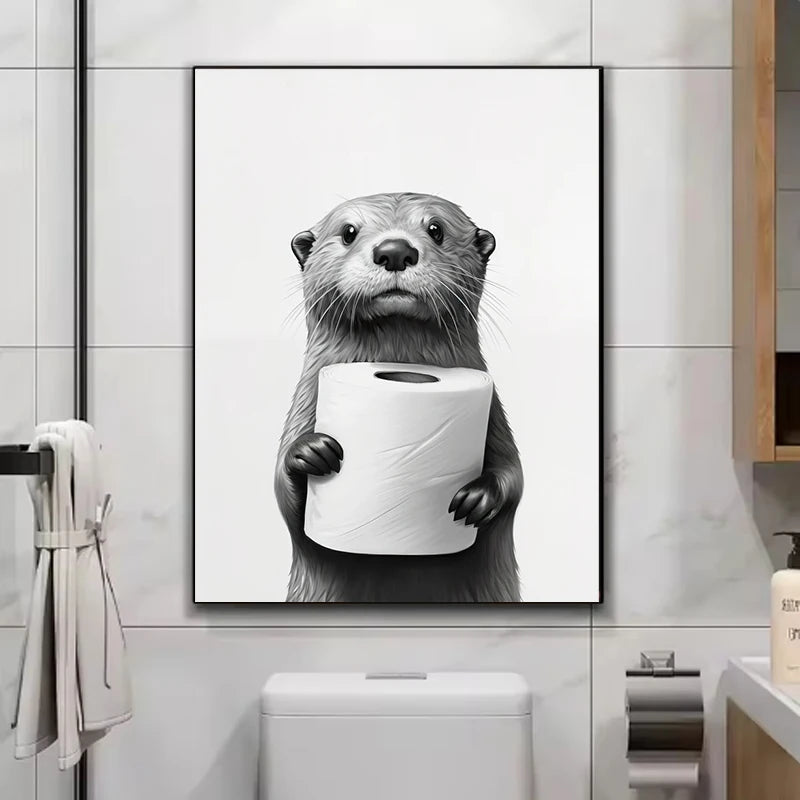 Cute Animals Toilet Paper Living Room Murals Wall Art Poster Otter Cat Tiger Canvas Painting Funny Bathroom Bathroom Home Decor