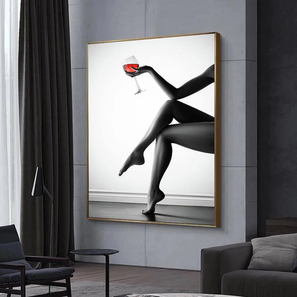 Black and White Nude Art Sexy Girl Wine Glass Posters and Prints Modern Wall Art Canvas Paintings for Bedroom Bar Home Decor