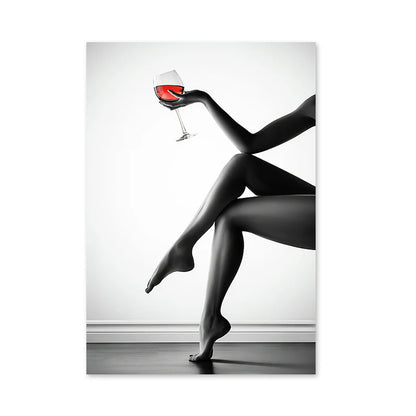 Black and White Nude Art Sexy Girl Wine Glass Posters and Prints Modern Wall Art Canvas Paintings for Bedroom Bar Home Decor