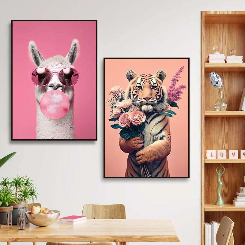 Funny Alpaca Posters Tiger Bouquet Prints Animal Fashion Canvas Painting Nordic Wall Picture for Living Room Home Decor Cuadro