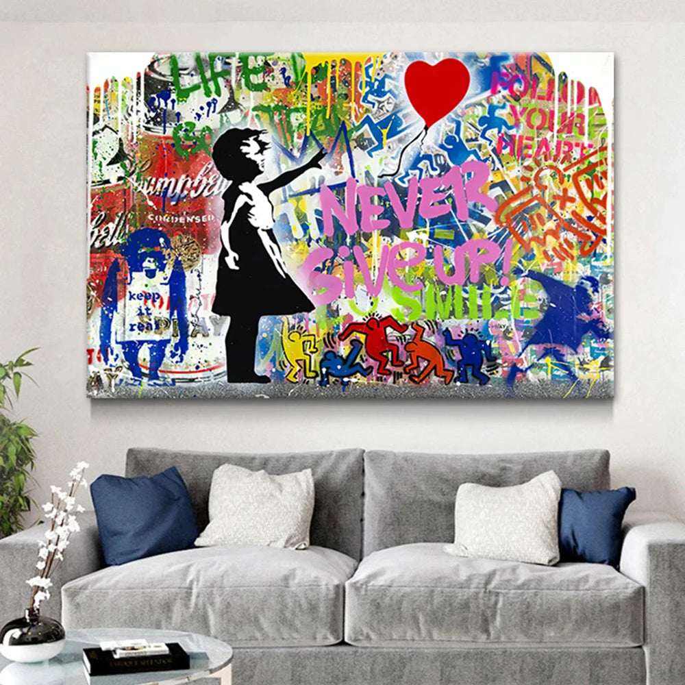 Banksy Graffiti Artwork Balloon Girl Canvas Paintings Modern Street Pop Art Never Give Up Wall Poster Prints for Room Home Decor