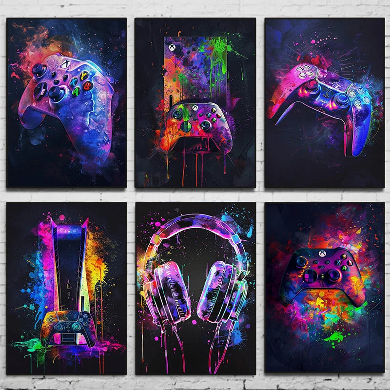 Watercolor Neon Video Game Posters XBOX Prints GamePad Headset Canvas Painting Gaming Wall Art Boys Gamer Room Home Decor