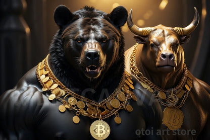 Bull and Bear Bitcoin Gold Bear Black Bear Crypto Crypto Coin Art Poster Canvas Painting Wall Prints Picture Office Home Decor