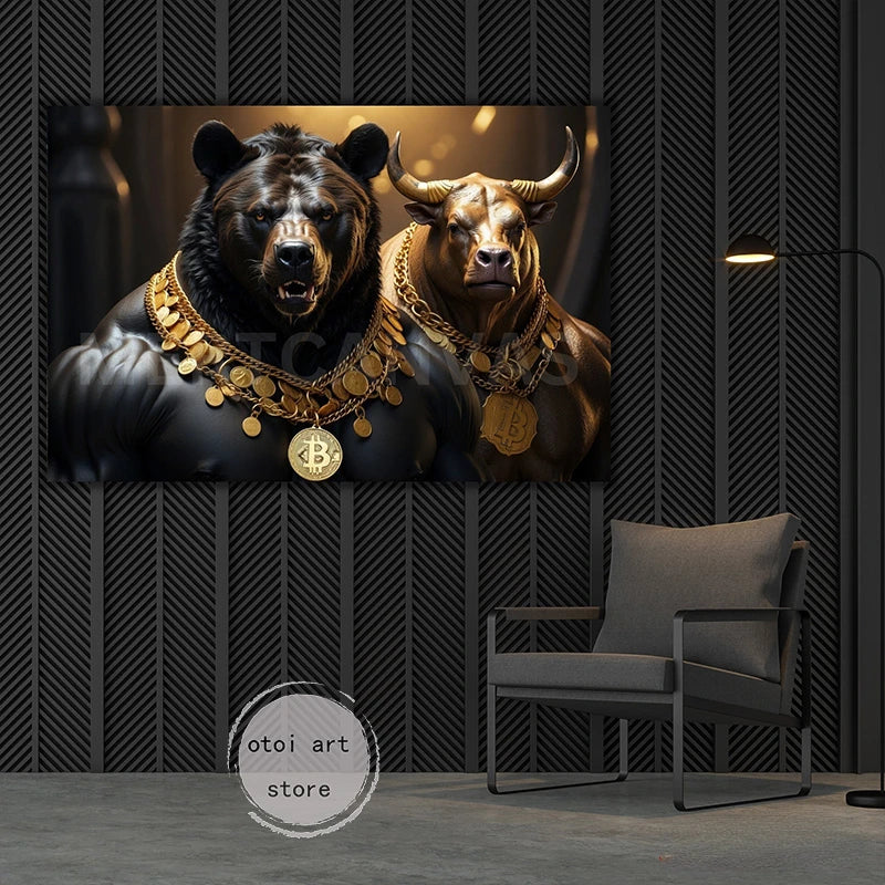 Bull and Bear Bitcoin Gold Bear Black Bear Crypto Crypto Coin Art Poster Canvas Painting Wall Prints Picture Office Home Decor