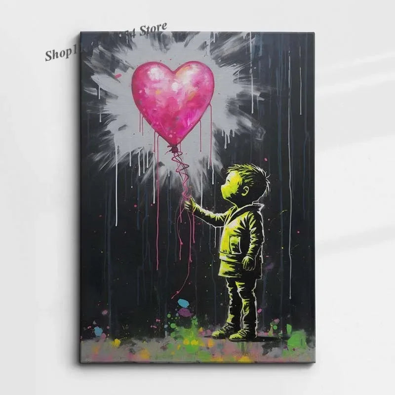 Banksy Modern Abstract Canvas Painting Print Graffiti Heart Wall Art Poster and Picture for Home Office Room Decor Unframed