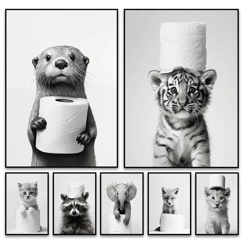 Cute Animals Toilet Paper Living Room Murals Wall Art Poster Otter Cat Tiger Canvas Painting Funny Bathroom Bathroom Home Decor