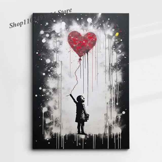 Banksy Modern Abstract Canvas Painting Print Graffiti Heart Wall Art Poster and Picture for Home Office Room Decor Unframed