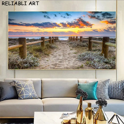 Sea Sunset & Wooden Bridge Landscape Canvas - Modern Wall Art Poster for Living Room Decor, Unframed