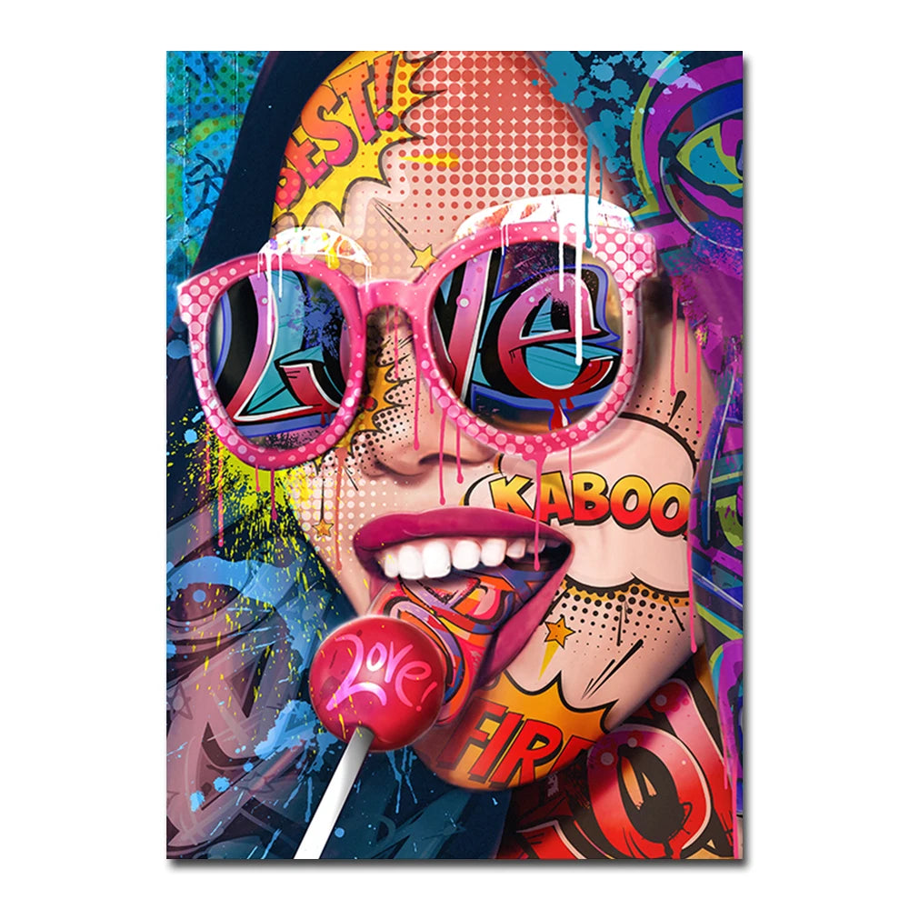 Modern Pop Graffiti Abstract Wall Art Cool Girls Eating Lollipops Sexy Women HD Oil On Canvas Posters And Prints Home Decor Gift