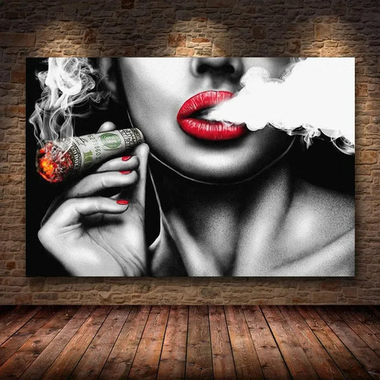 Unframed Red Lips Smoking Characters Vintage Walls Paintings Women Canvas Painting Home Decor Art for Living Room Bedroom Poster