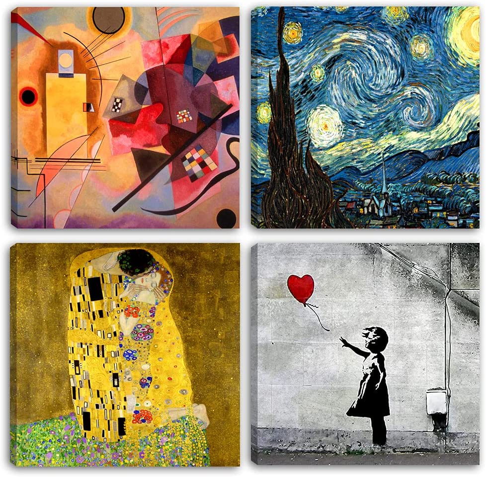 Tableaux Modernes || TABLEAUX CÉLÈBRES || KLIMT || KANDINSKI || VAN GOGH || BANKSY || 4 pièces. 30x30cm chacun || Impression sur toile TOILE