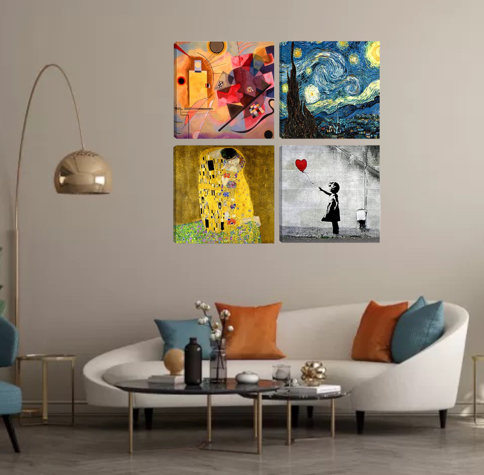 Moderne Gemälde || BERÜHMTE GEMÄLDE || KLIMT || KANDINSKY || VAN GOGH || BANKSY || 4 Stück. Jeweils 30x30cm || Druck auf Leinwand