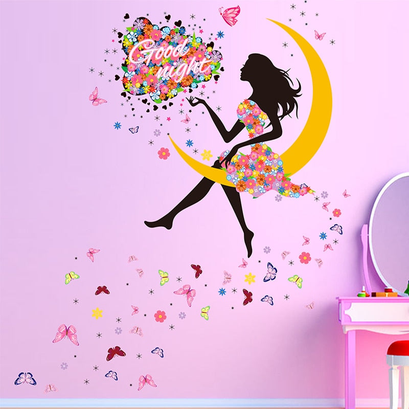 Adesivi murali rimovibili. Adesivi 3D da parete, WALL STICKERS per bambini per camera per soggiorno per sala da pranzo, fata, principessa, luna, fiori e farfalle