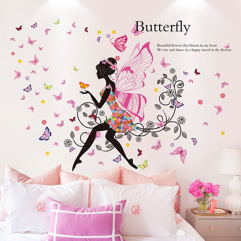 Adesivi murali rimovibili. Adesivi 3D da parete, WALL STICKERS per bambini per camera per soggiorno per sala da pranzo, fata, principessa, luna, fiori e farfalle