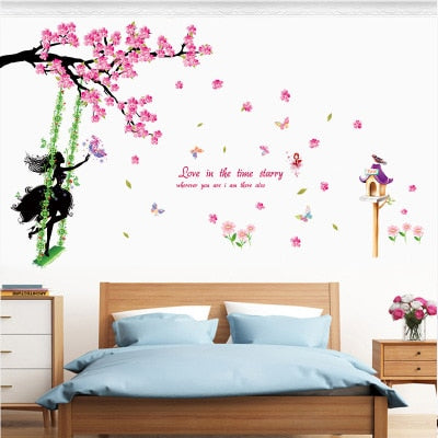 Sticker mural || Fée || Arbre || Fleurs et papillons