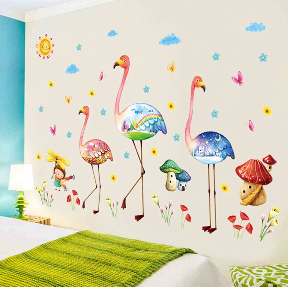 Adesivi murali animani 3D da parete, WALL STICKERS fenicotteri rosa, per bambini per camera per soggiorno per sala da pranzo