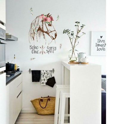 Adesivo murale || Cavallo, scritta e fiori ||