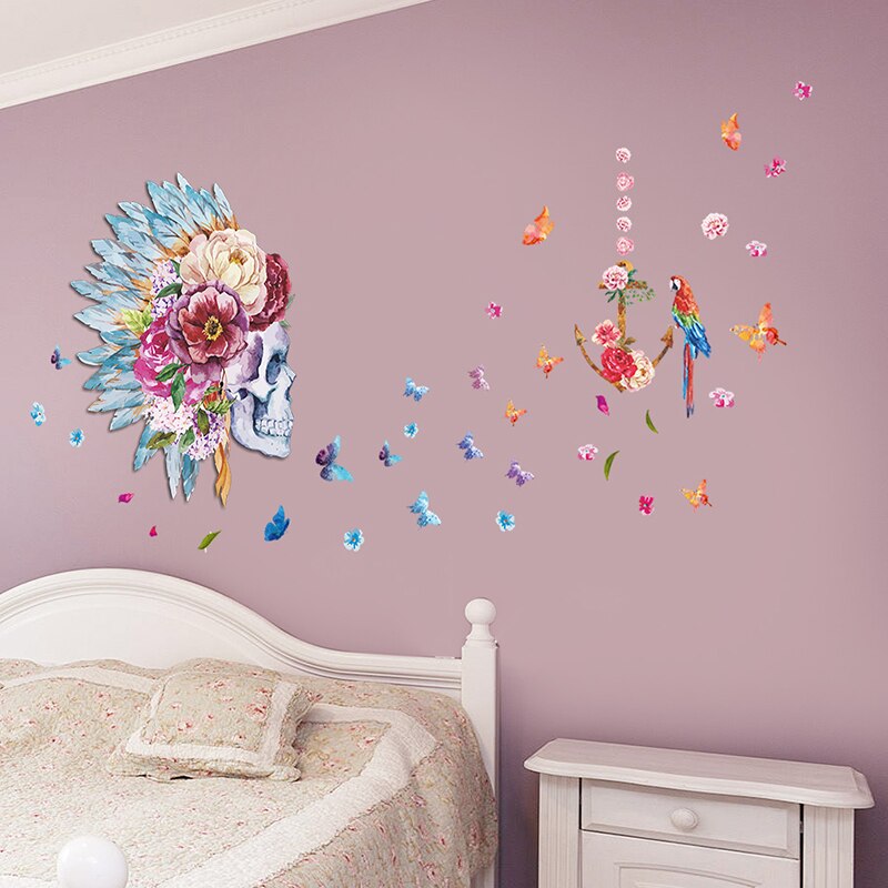 Adesivi murali rimovibili. Adesivi 3D da parete, WALL STICKERS per bambini per camera per soggiorno per sala da pranzo Teschio indiano Scheletro con fiori e farfalle