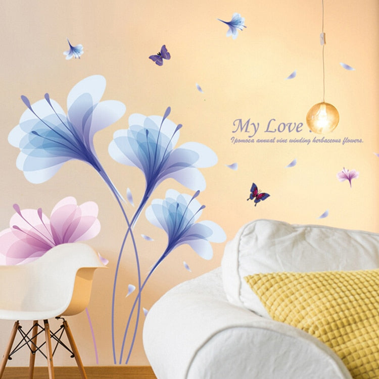 Adesivi murali rimovibili. Adesivi 3D da parete, WALL STICKERS per bambini per camera per soggiorno per sala da pranzo FIORI BLU E ROSA RONDINI E FARFALLE