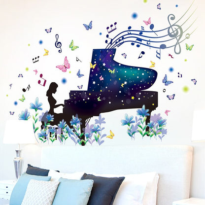 Adesivi murali rimovibili. Adesivi 3D da parete, WALL STICKERS per bambini per camera per soggiorno per sala da pranzo. Musica, Piano, tulipani, fiori, farfalle, note musicali